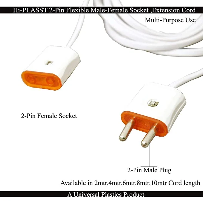 2 Pin Flexible Male-Female Socket , Flat Wire , Extension Cord for Multipurpose Use