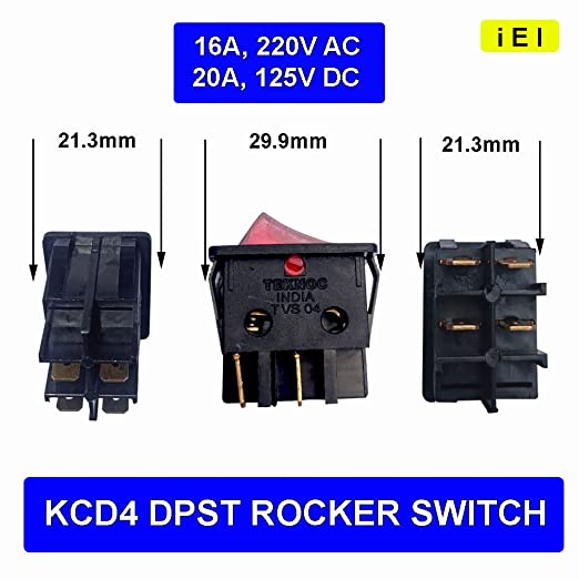 16A 250V High voltage Heavy Duty DPST KCD4 ON OFF 4 Pin Brass Leg Rocker Button Switch With Red Indicator Light