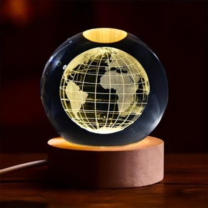 3D Globe Crystal Glass Ball Night Light Lamp With Wooden Base