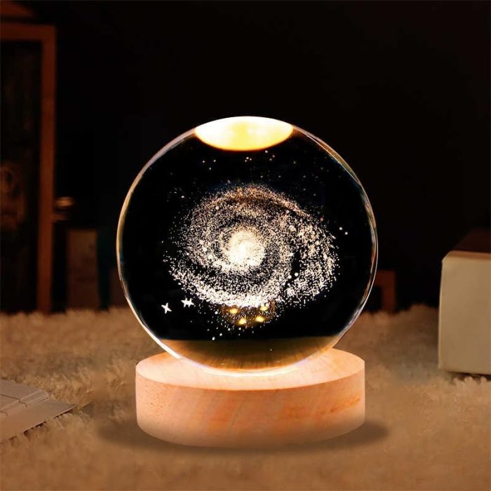 Galaxy 3D Crystal Glass Ball Night Light Lamp With Wooden Base