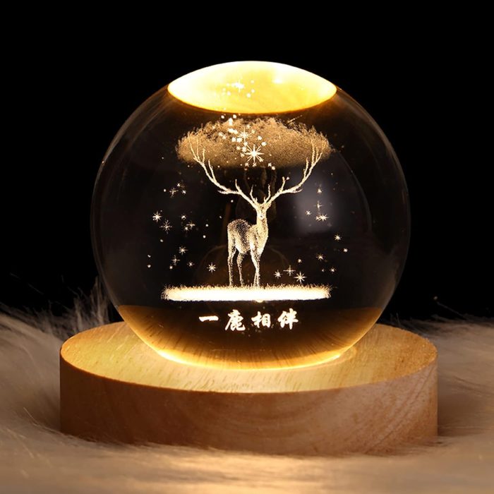 Deer Crystal Glass Ball Night Light Lamp With Wooden Base