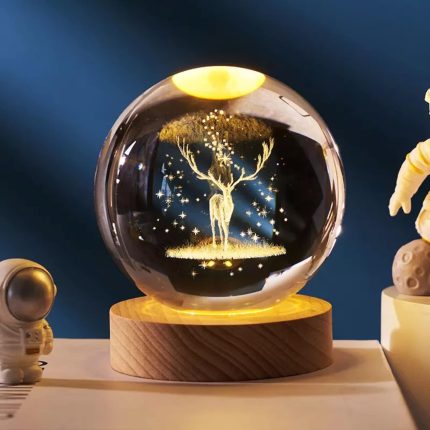 Deer Crystal Glass Ball Night Light Lamp With Wooden Base