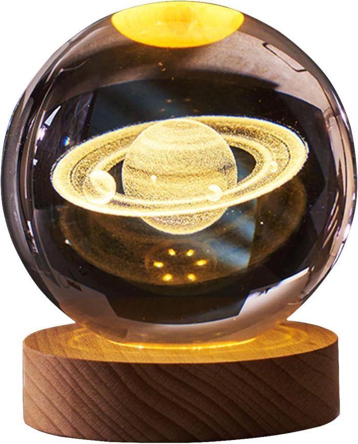 Saturn Crystal Glass Ball Night Light Lamp With Wooden Base