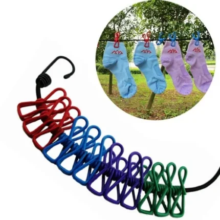 Cloth Drying Rope With 12 Hooks Elastic Hanging Rope for Travel Home and Outdoor