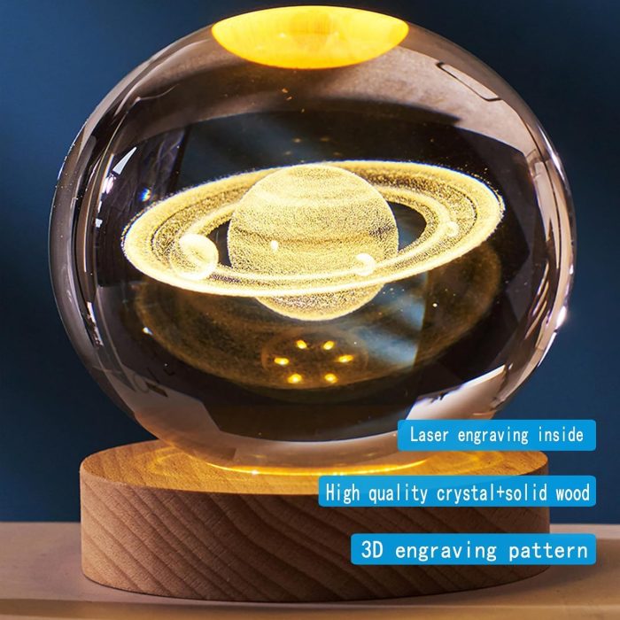 Saturn Crystal Glass Ball Night Light Lamp With Wooden Base