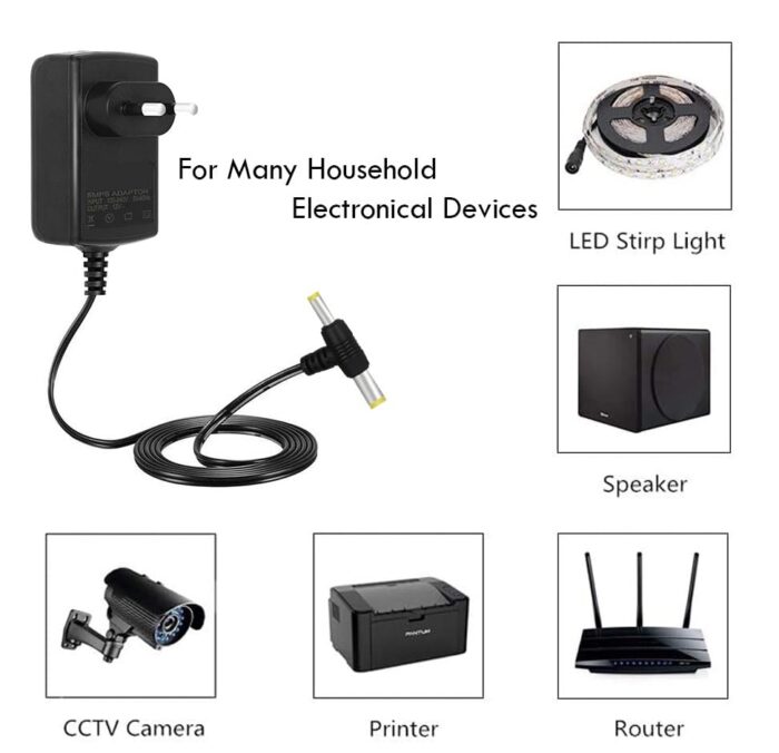 ▶VOLTAGE & COMPATIBILITY - Input 100V-240V 50/60Hz; Output: 12V 2Amp, 12Watt. Output adaptor Self-Adapting Barrel jack size: 5.5mm x 2.1mm (applicable 2.5mm) positive (+) center. Suitable for CCTV Cameras, LED Strip light, l TV Box, ed tape light, Game machine, Small TV set, Camcorder keyboard, BT speakers, GPS, webcam, router, Speaker, etc most appliances in which the input voltage is 12V and the max rating power is equal to 12 Watt. ▶BUILT-IN MULTIPLE SAFETY PROTECTION SYSTEMS - Automatic overvoltage cut-off, over current cut-off, over-temperature cut-off, short circuit cut-off. We focus on producing premium quality and safe power adapters. No noise, no spontaneous combustion, no explosion, no fire hazard, safe to use. Low energy consumption, High Efficiency, Incredibly Low Fault Rates, No Minimum Load. ▶EXTENDED CORD: 6.6 ft (2m) cord length to give you ample room to set up; high quality 100% oxygen-free pure copper wire allows you to easily use it in a relatively wide range, which is much longer than ordinary adapter cables. ▶DURABLE DESIGN - Robust casing protects against bumps, scratches, drops, withstands pressure, and keeps internal components safe during emergencies enhanced longevity.