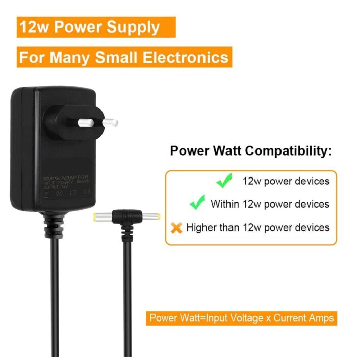 ▶VOLTAGE & COMPATIBILITY - Input 100V-240V 50/60Hz; Output: 12V 2Amp, 12Watt. Output adaptor Self-Adapting Barrel jack size: 5.5mm x 2.1mm (applicable 2.5mm) positive (+) center. Suitable for CCTV Cameras, LED Strip light, l TV Box, ed tape light, Game machine, Small TV set, Camcorder keyboard, BT speakers, GPS, webcam, router, Speaker, etc most appliances in which the input voltage is 12V and the max rating power is equal to 12 Watt. ▶BUILT-IN MULTIPLE SAFETY PROTECTION SYSTEMS - Automatic overvoltage cut-off, over current cut-off, over-temperature cut-off, short circuit cut-off. We focus on producing premium quality and safe power adapters. No noise, no spontaneous combustion, no explosion, no fire hazard, safe to use. Low energy consumption, High Efficiency, Incredibly Low Fault Rates, No Minimum Load. ▶EXTENDED CORD: 6.6 ft (2m) cord length to give you ample room to set up; high quality 100% oxygen-free pure copper wire allows you to easily use it in a relatively wide range, which is much longer than ordinary adapter cables. ▶DURABLE DESIGN - Robust casing protects against bumps, scratches, drops, withstands pressure, and keeps internal components safe during emergencies enhanced longevity.